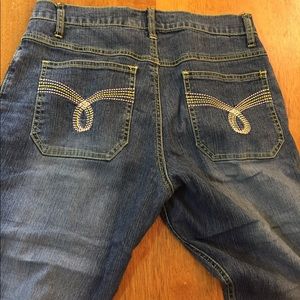 Vintage denim capris with rainbow stitching